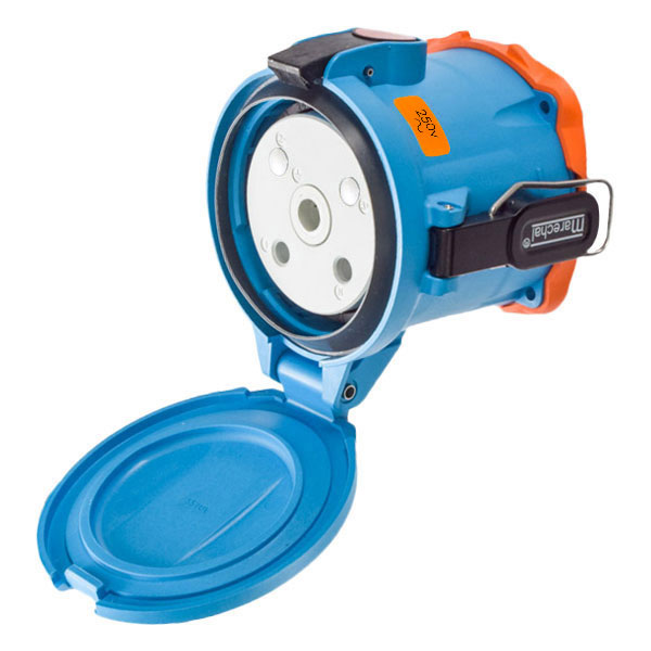 33-94072-843 - DS100 RECEPTACLE POLY BLUE SIZE 5 TYPE 4X 2P+G 100A 250 VAC 60 Hz PADLOCK PAWL